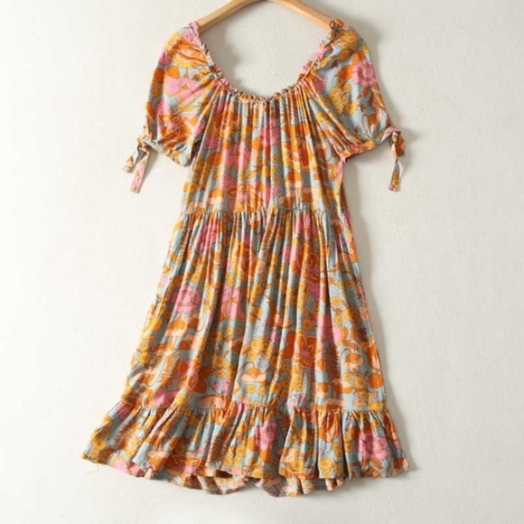 Boho Orange Gypsy Retro Floral Babydoll Dress - Picture 5 of 5